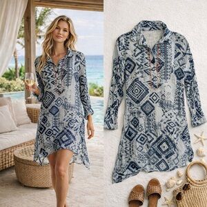 Dolma Sheer Cotton Geo Tunic Dress Lightweight Boho Resort EUC Size Large